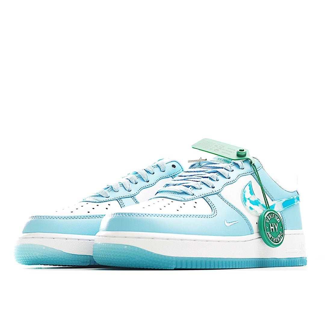 Light blue and white Air Force 1 sneakers with green tag, front view