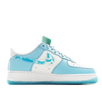 Light blue and white Air Force 1 sneakers, quarter view with laces