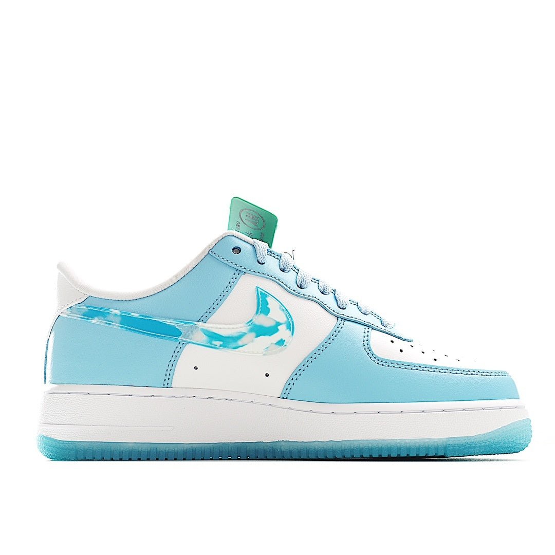 Light blue and white Air Force 1 sneakers, quarter view with laces