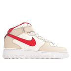 Cream high-top sneaker with bold red swoosh stripe and red collar trim