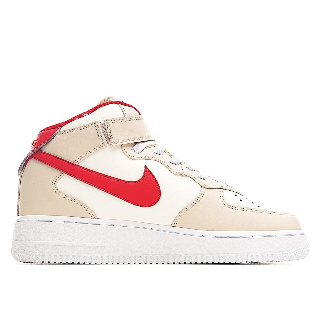 Cream high-top sneaker with bold red swoosh stripe and red collar trim