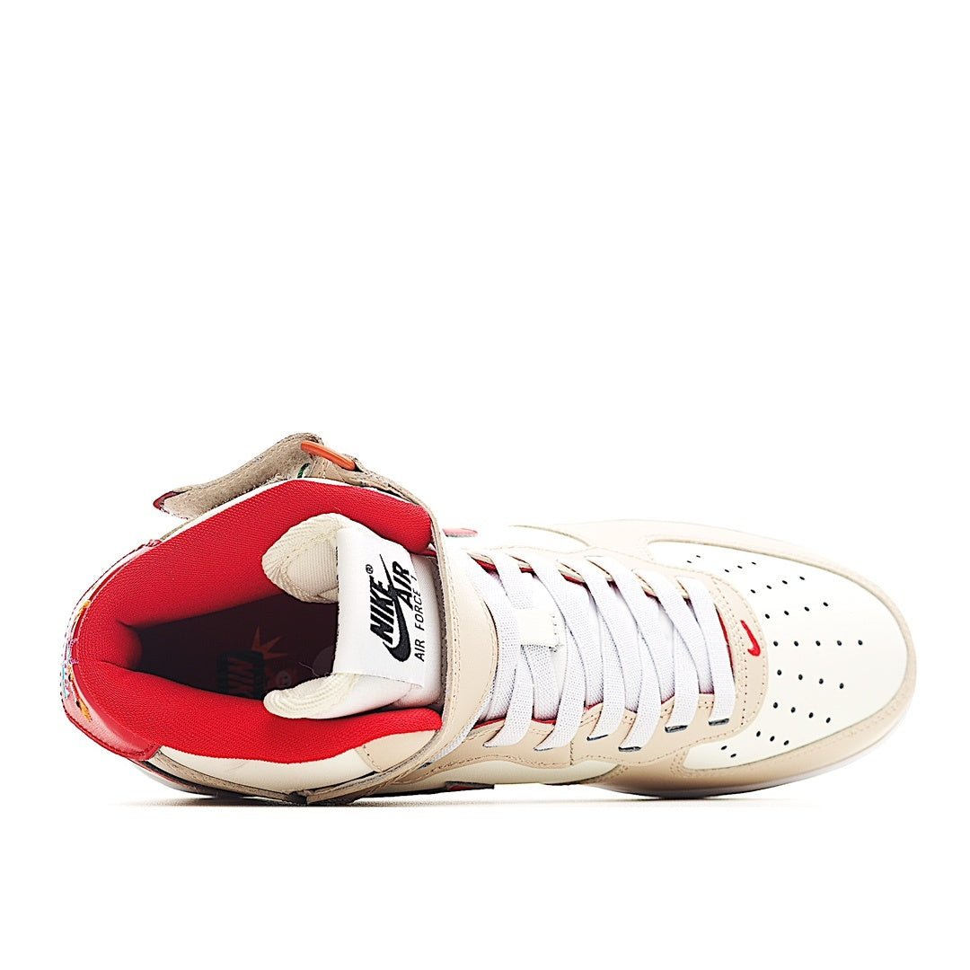 White lace-up sneaker with red interior lining and beige collar panel