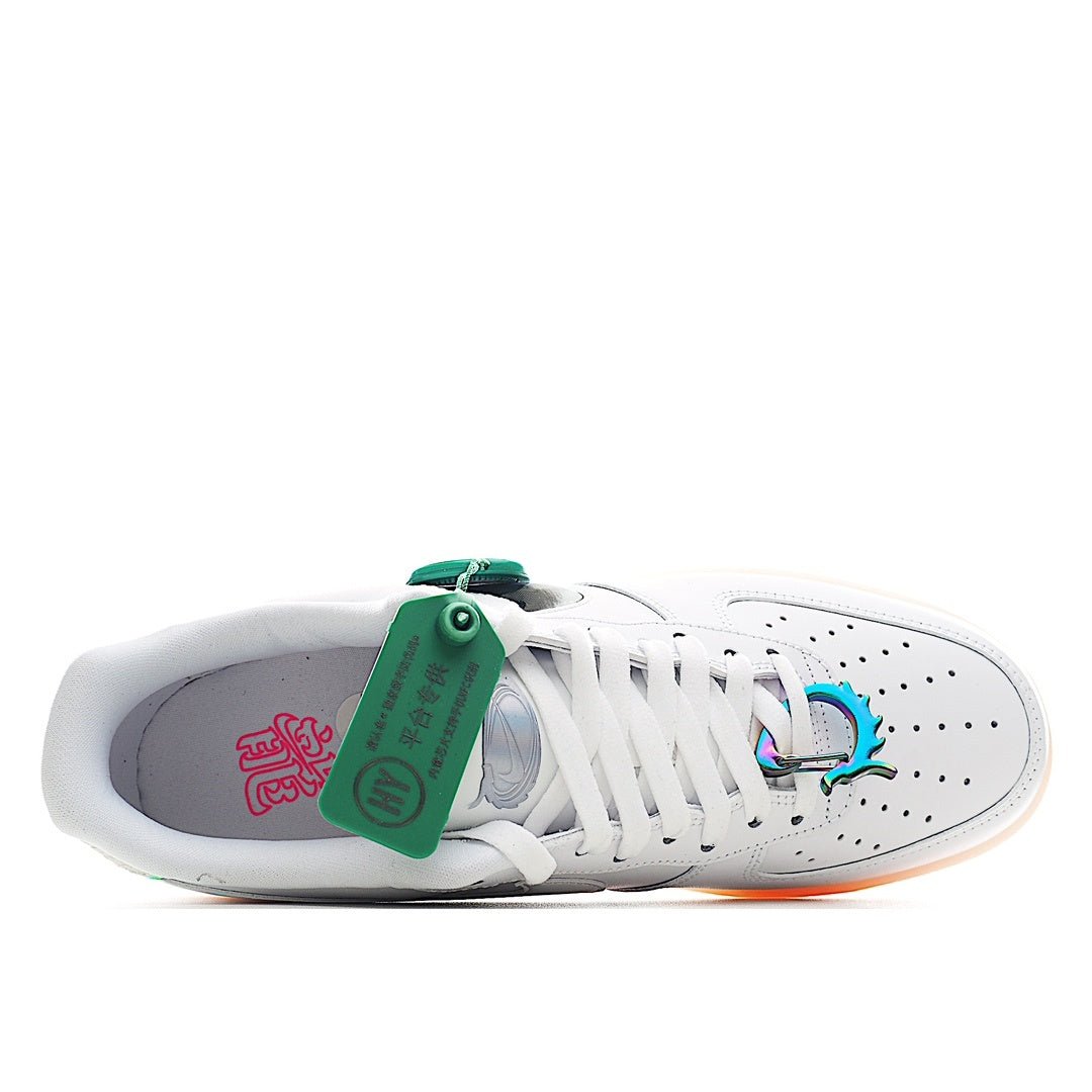 White low-top sneaker interior lining view with white laces and green tag