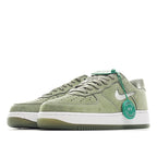 Olive green Nike Air Force 1 side view sneaker with teal laces and white midsole