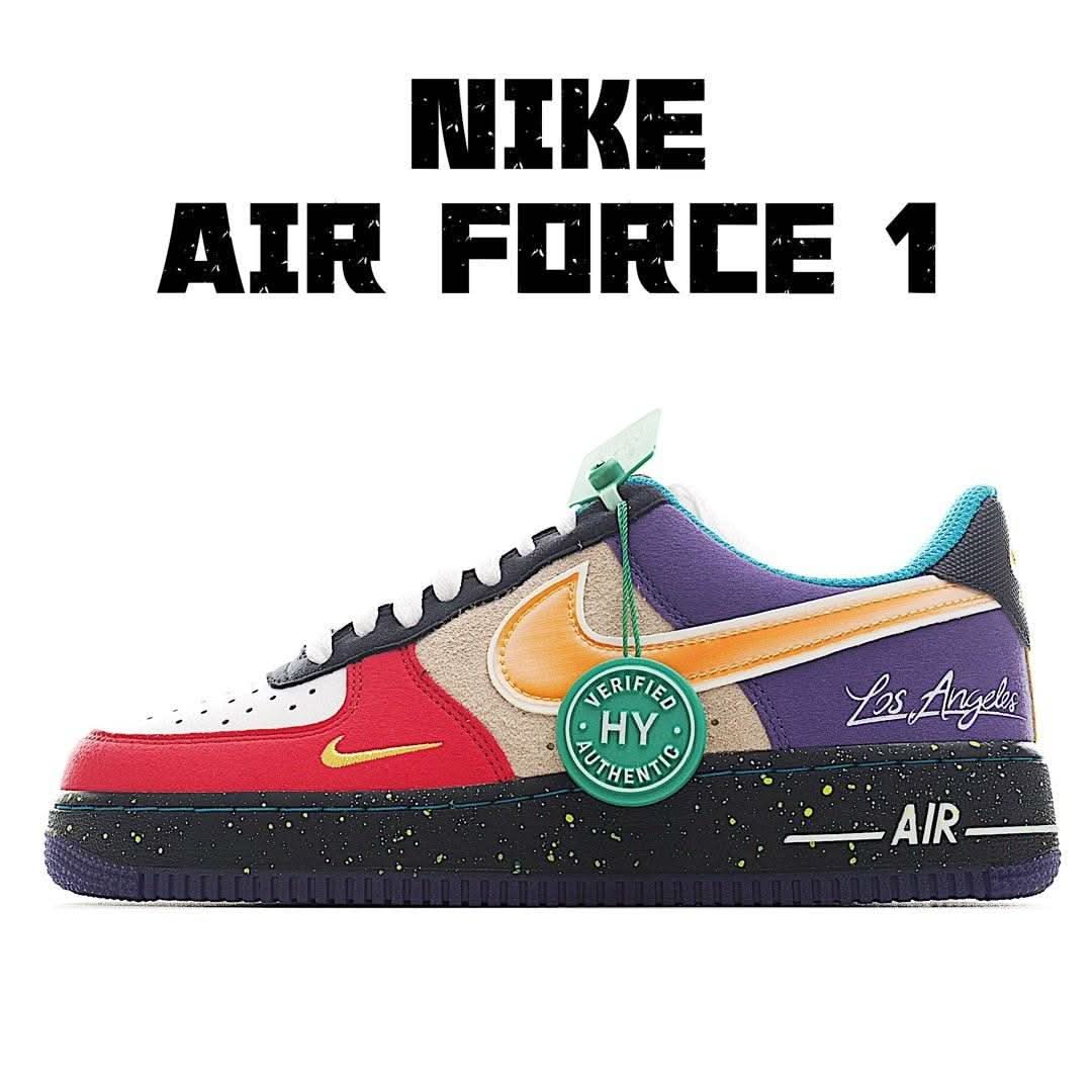 Multi-color Nike Air Force 1 low-top sneakers with purple, red, and white panels