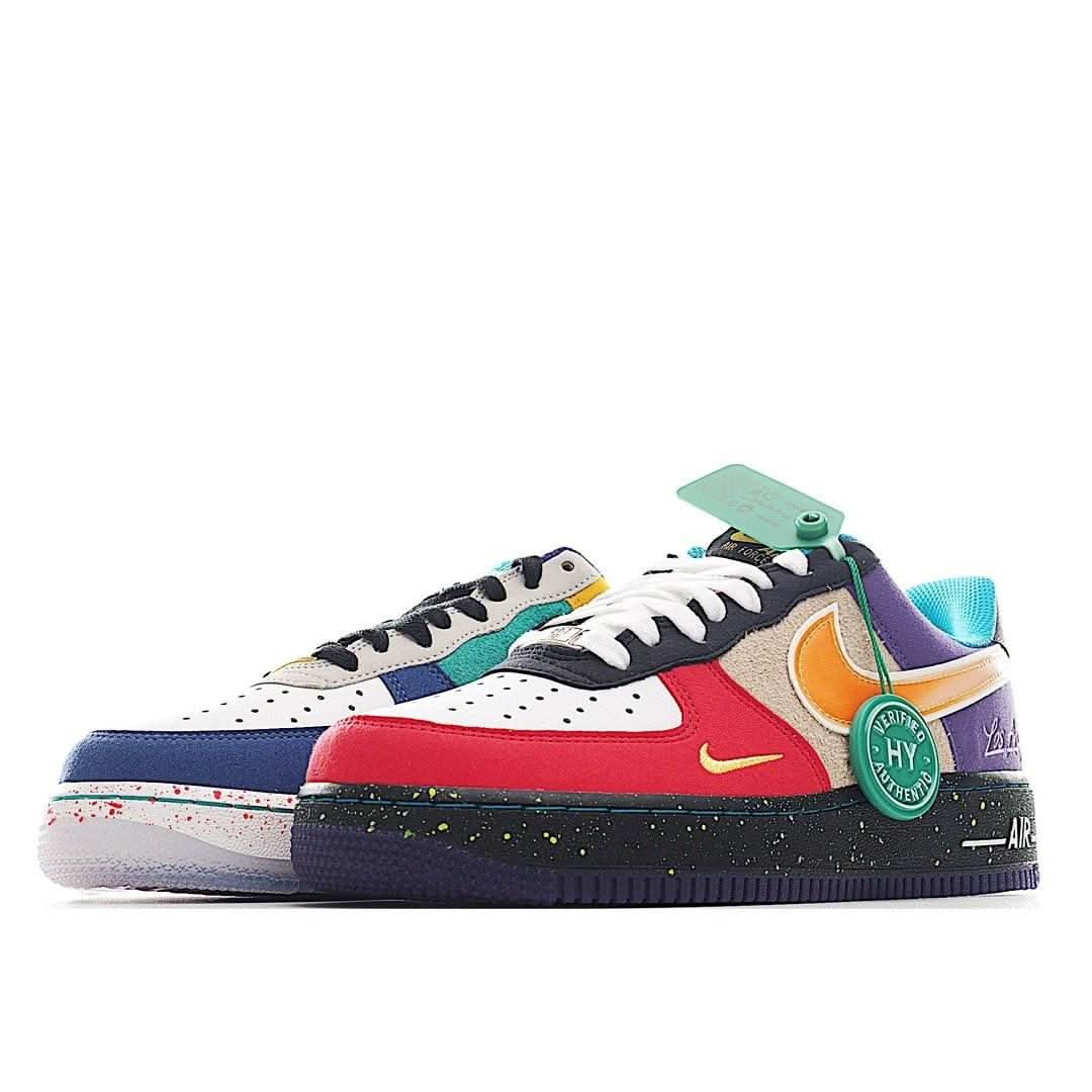 Side view Nike Air Force 1 low-top sneakers, white base with red and purple overlays