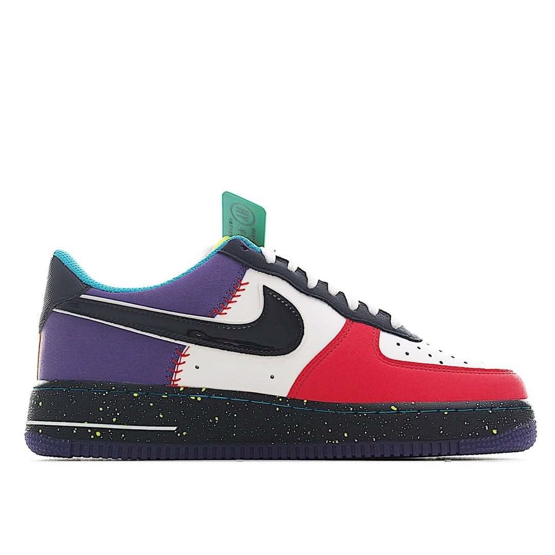 Nike Air Force 1 low-top sneakers with black swoosh, red toe, and purple side panel