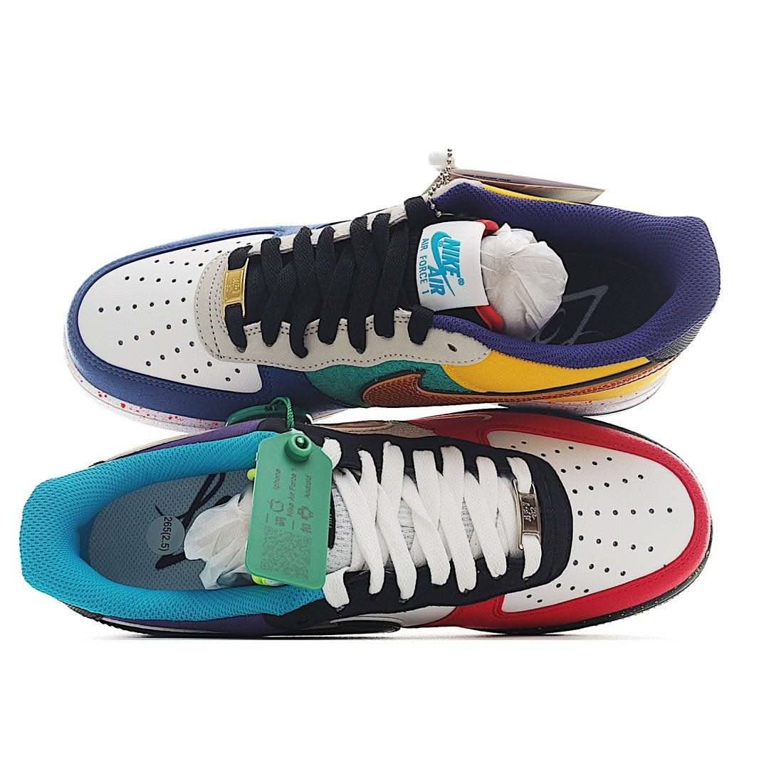 Pair of Nike Air Force 1 sneakers, lace-up with mixed colors and teal-lined collar