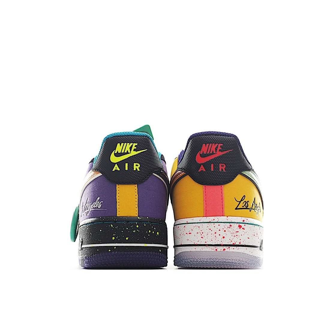 Heel and toe view Nike Air Force 1 sneakers in purple with yellow and red accents