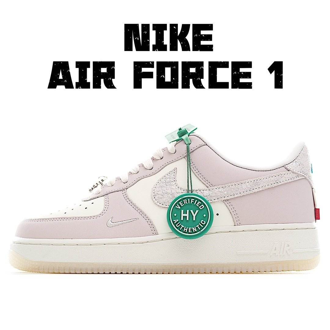 Nike Air Force 1 low-top sneakers in light purple with green accents and HY tag