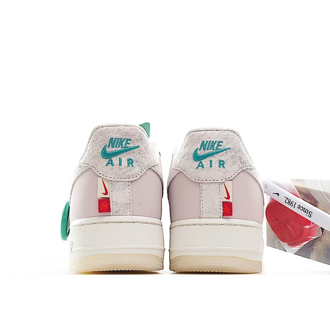 Nike Air Force 1 low-top sneakers, light purple, green heel tab, Nike Air on back