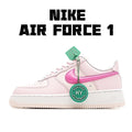 Pink and white low-top sneakers with pink swoosh and green tag