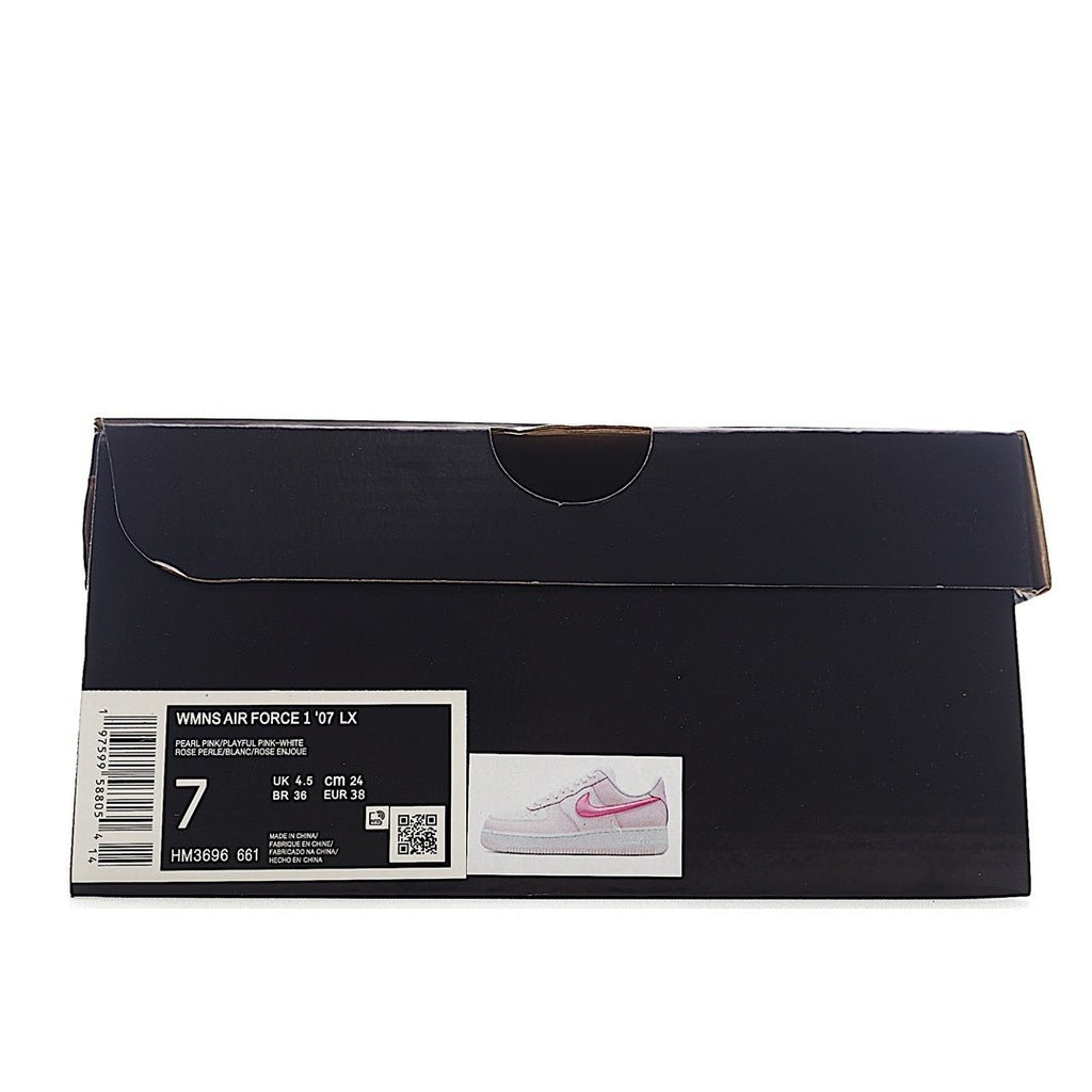 Shoe box with barcode label and size tag for Nike Air Force 1 sneakers