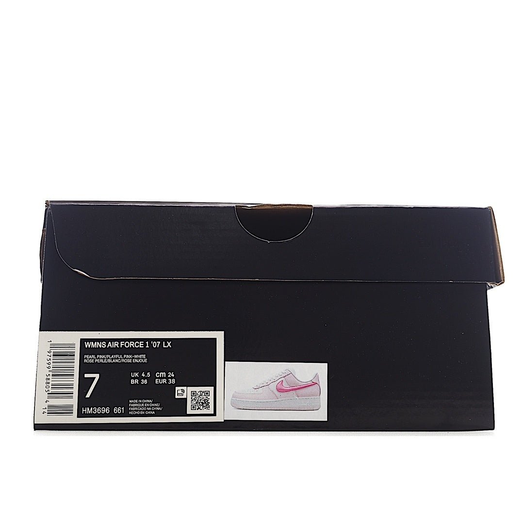 Shoe box with barcode label and size tag for Nike Air Force 1 sneakers