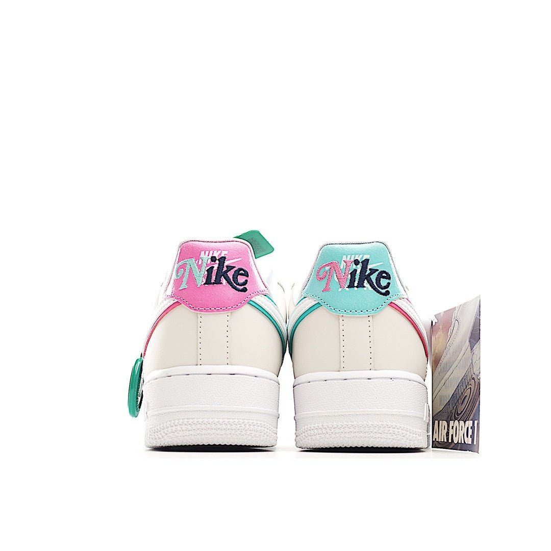 White low-top sneaker heel view with teal and pink collar accents