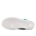 White rubber outsole for low-top sneaker with tread pattern and teal heel