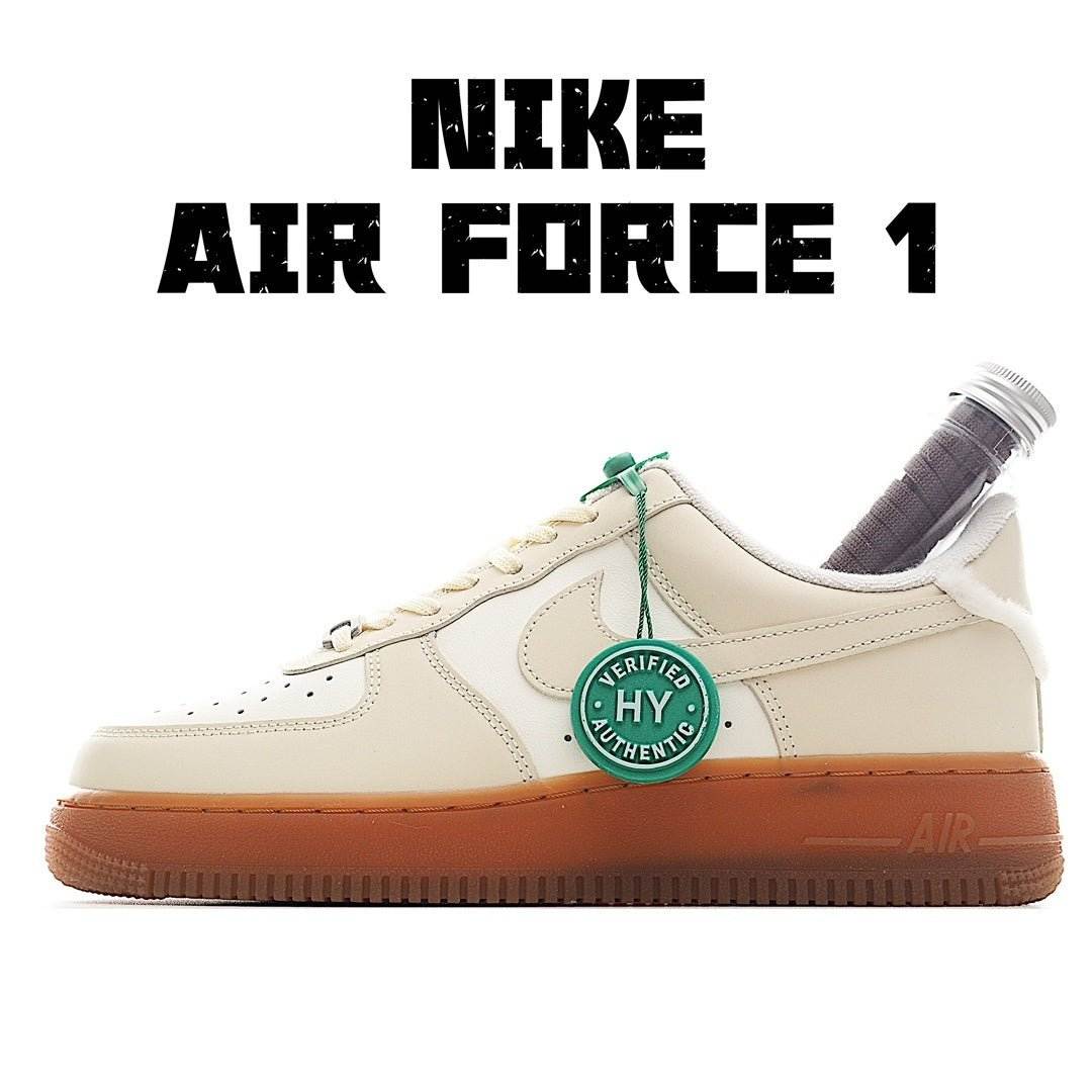 Nike Air Force 1 sneakers, cream leather with gum sole and green HY badge