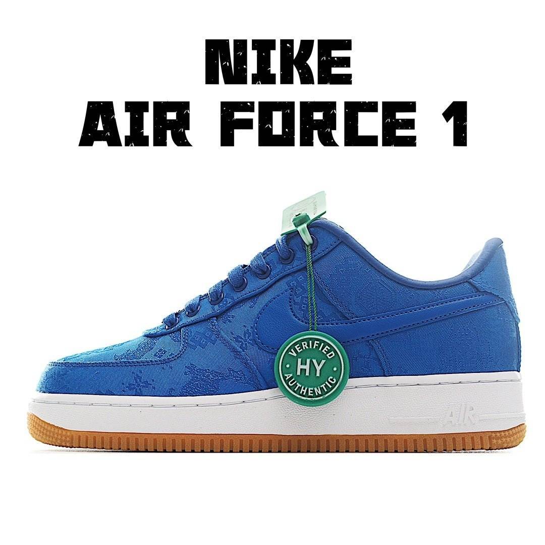 Blue Nike low-top sneaker with white sole, laces, and green HY verified authenticity tag.