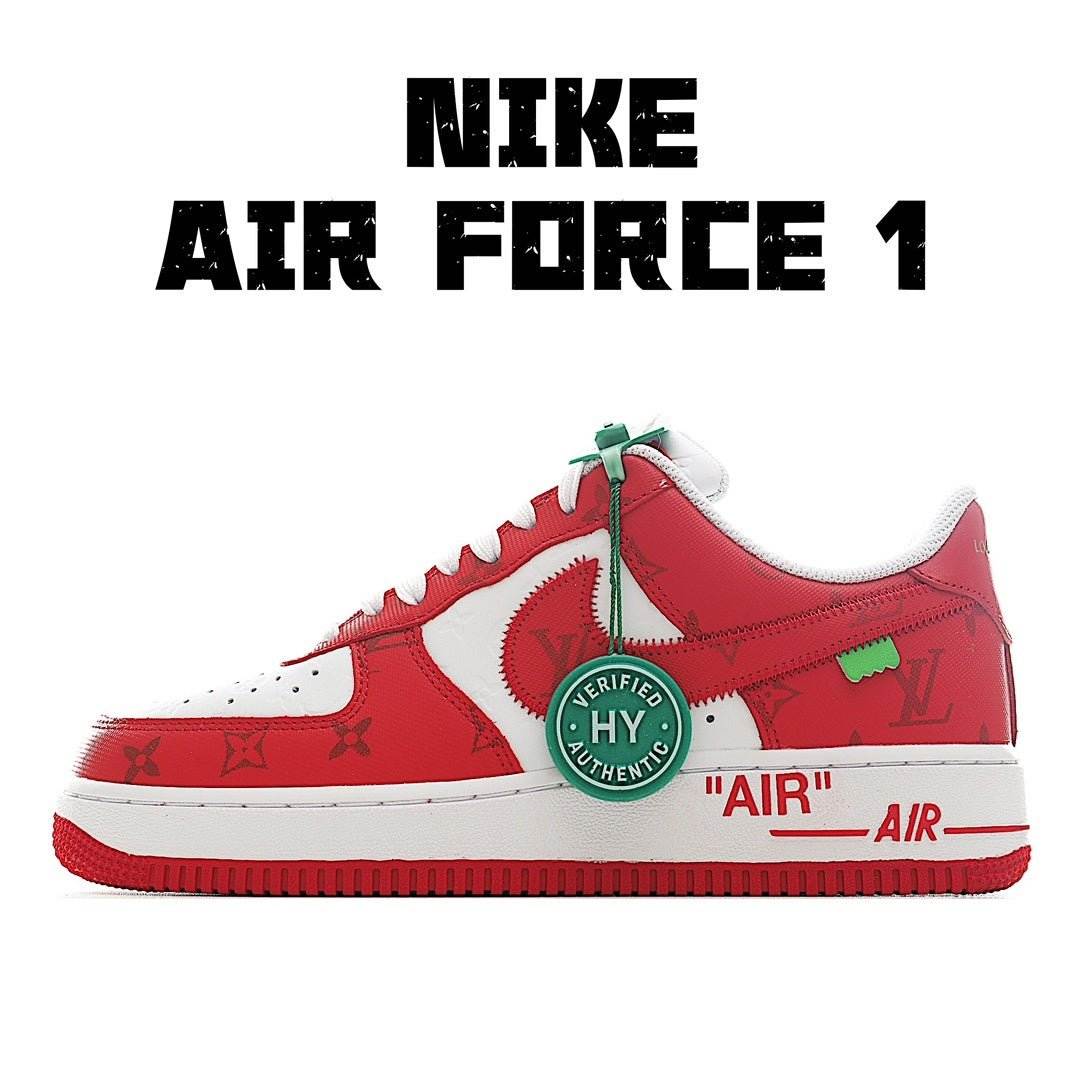 Nike Air Force 1 sneakers with red, white uppers and green accents, lace-up design