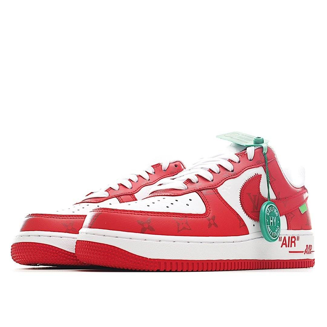 Nike Air Force 1 low-top sneakers, red leather-look with white panels and green tongue tag
