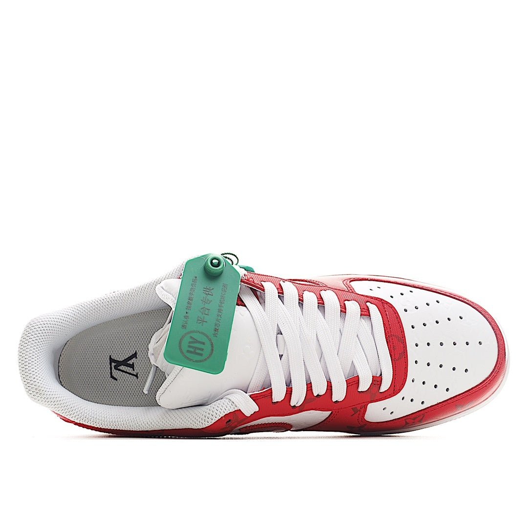 White and red sneakers with lace-up front, green tag, and red outsole.