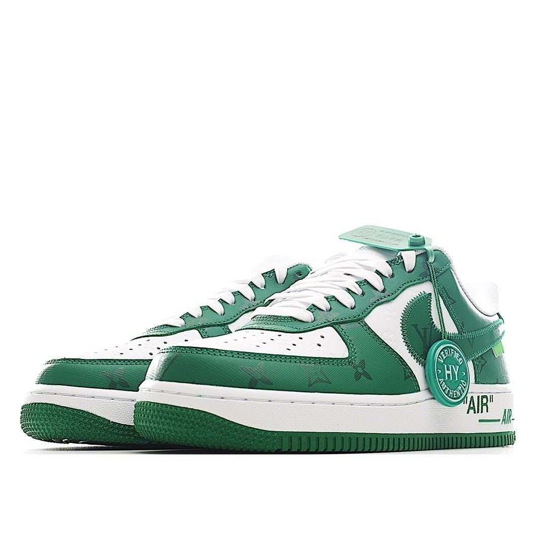 Green and white low-top sneakers, side view, lace-up with branding patch