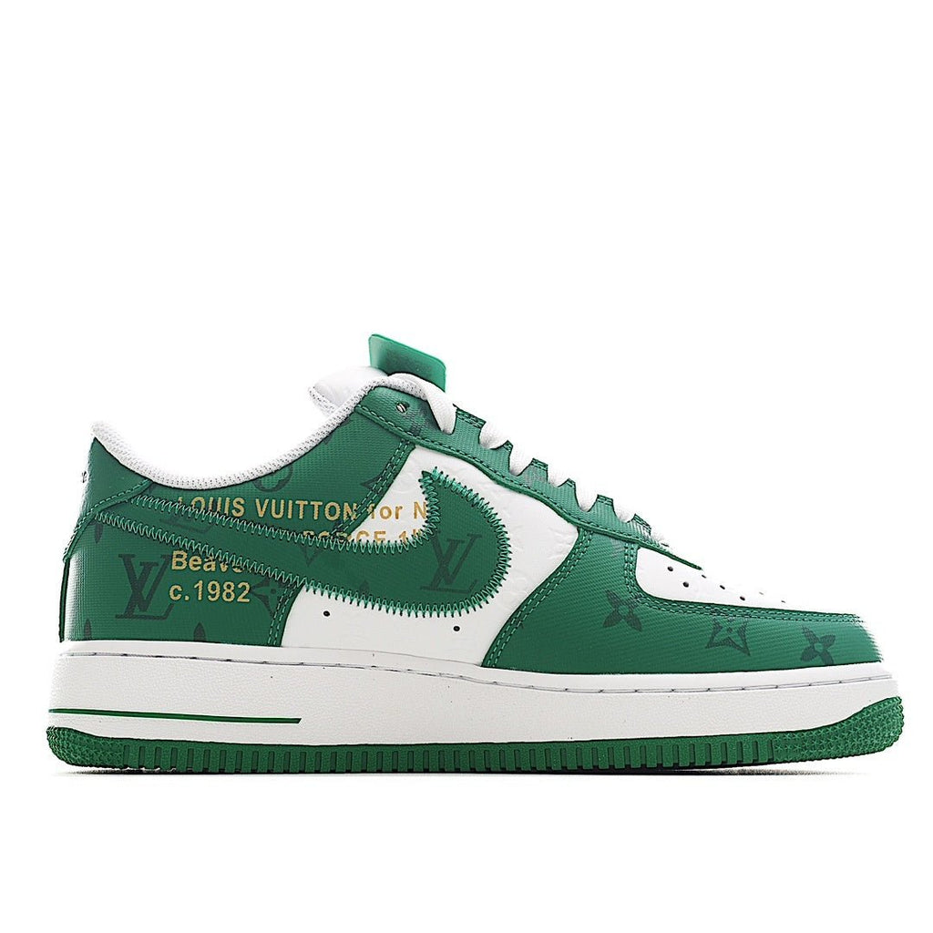 Green and white sneaker, side view with signature-style swoosh and lace-up closure