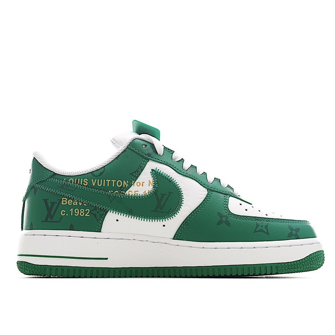 Green and white sneaker, side view with signature-style swoosh and lace-up closure