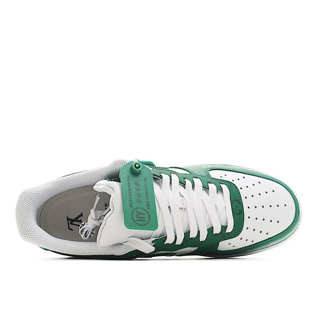 Green and white sneaker with white laces, padded tongue, and mesh-textile side
