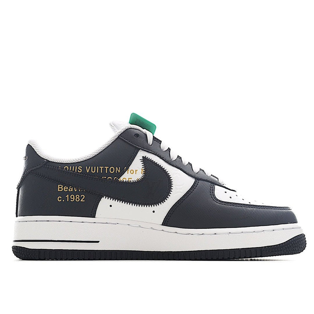 Black and white sneaker heel with green tag and “Louis Vuitton” text, side view