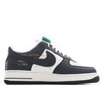 Black and white sneaker heel with green tag and “Louis Vuitton” text, side view