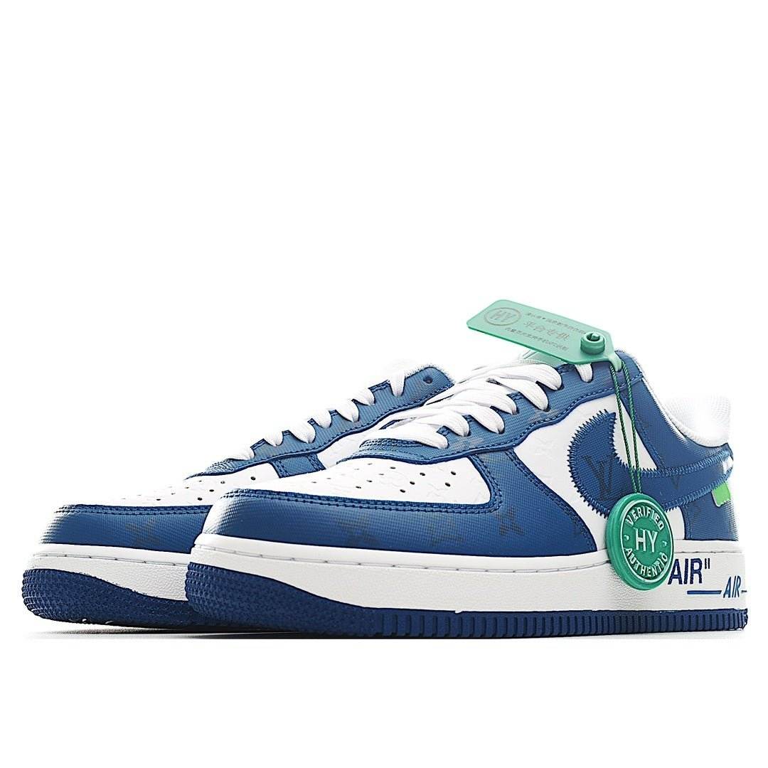 Nike low-top sneakers with white uppers, blue panels, and green heel tab
