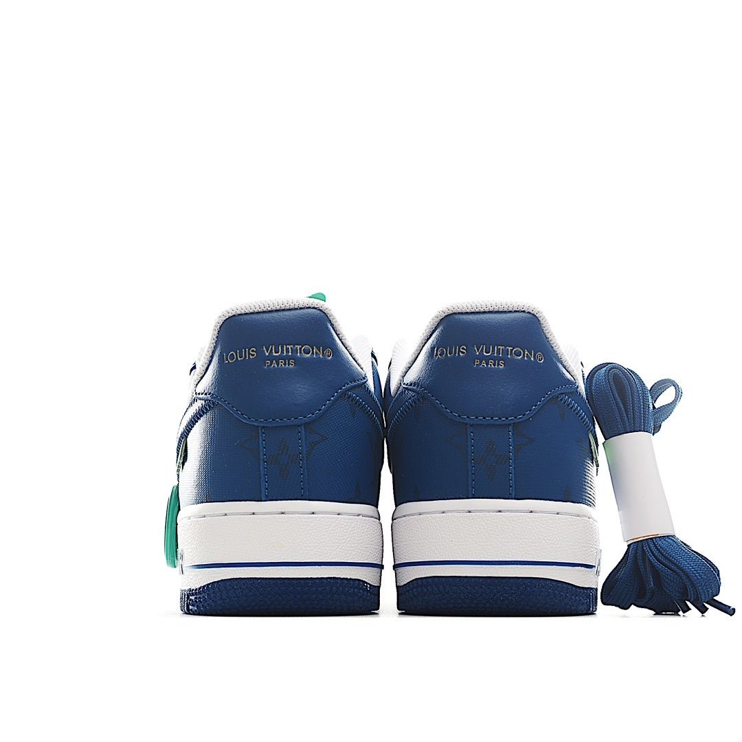 Pair of Air Force 1 sneakers in blue with white midsole and green side tassel