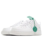 White Air Force 1 sneakers side view with mint green HY authenticity tag