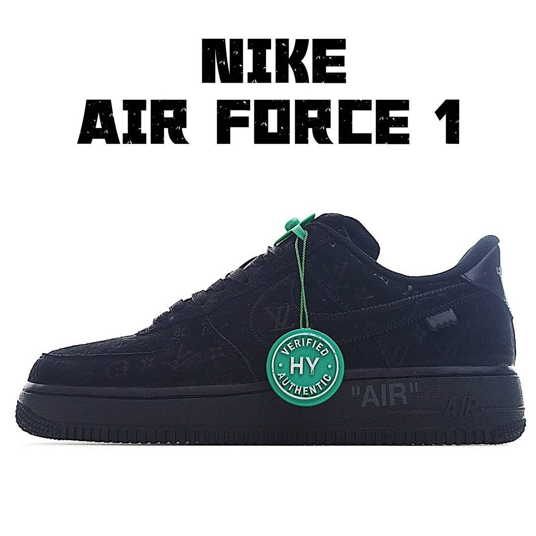 Nike Air Force 1 sneakers, dark navy with green laces and HY authenticity badge