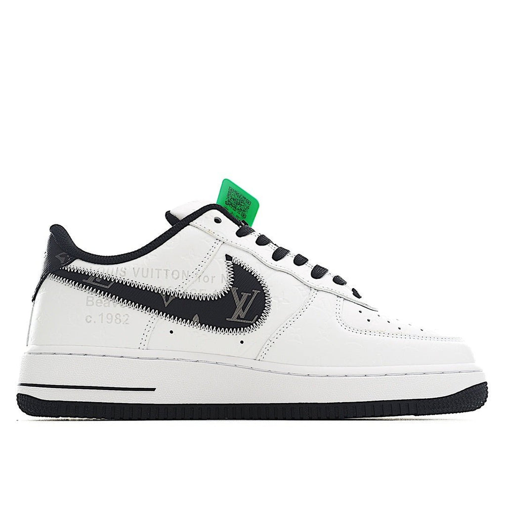 Air Force 1 sneakers, white upper with black swoosh detail and green hangtag