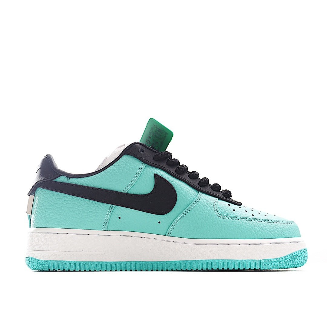 Nike Air Force 1 low-top sneakers, teal upper with black swoosh and black lace panel