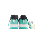 Nike Air Force 1 low-top sneakers, teal and white heels with black collar and lace tabs