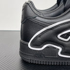 Black leather sneaker heel with stitched overlay, white trim, and AIR logo.