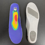 Purple and white shoe insoles shown separately on a dark surface.