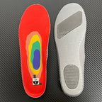 Shoe insoles: one red with multicolor oval graphic, one white; size label visible.