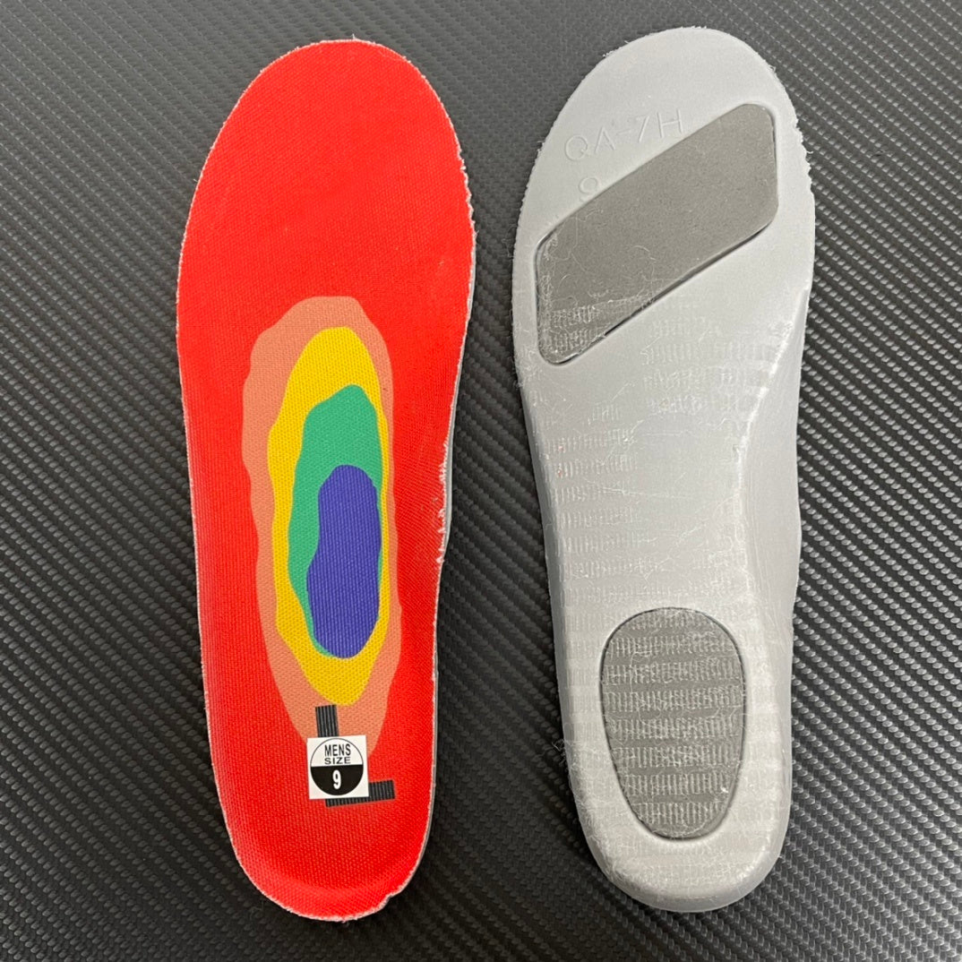 Shoe insoles: one red with multicolor oval graphic, one white; size label visible.