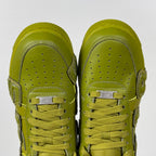 Lime green Air Force 1 sneakers, top view of toe box and lace-up closure